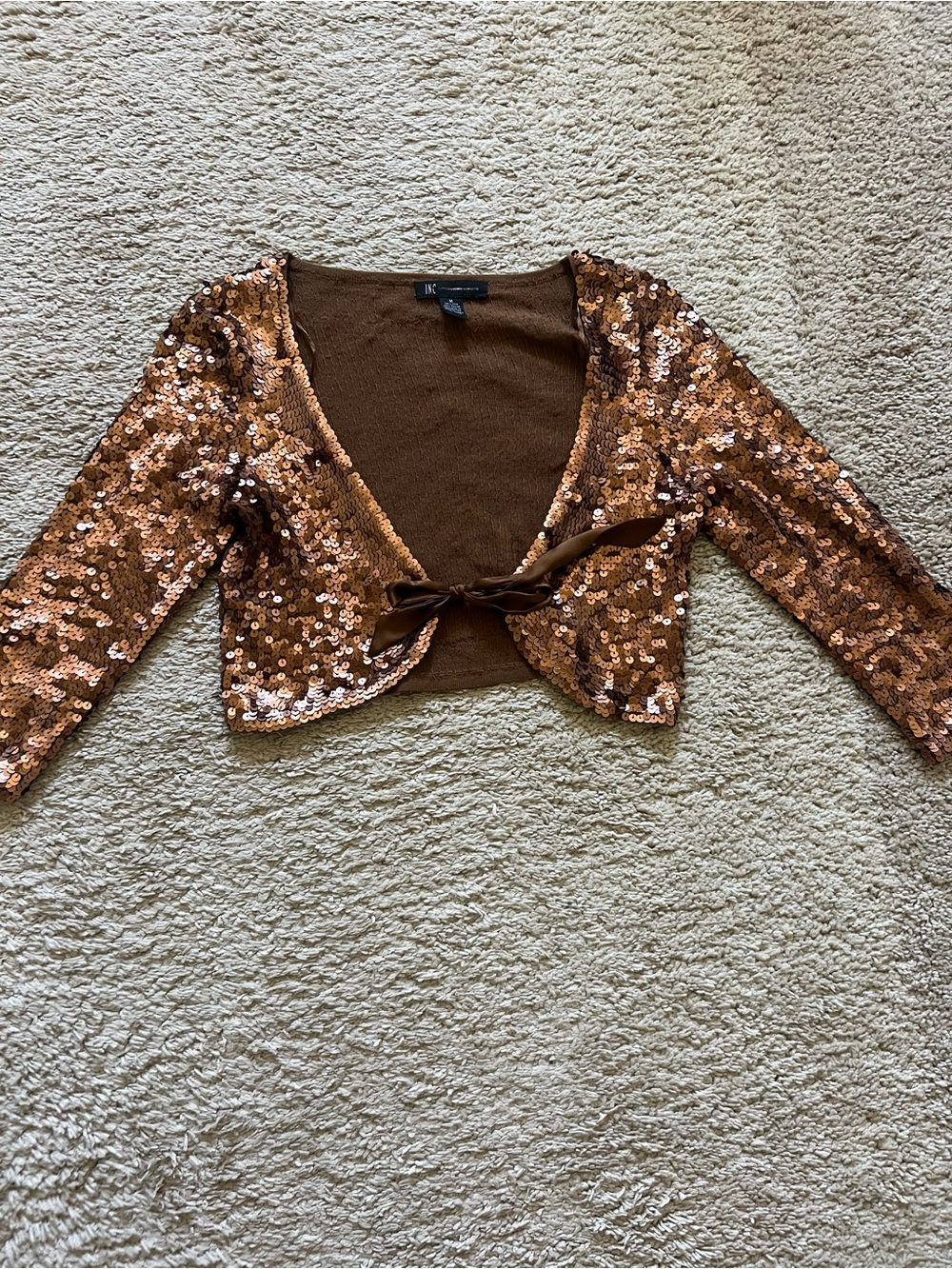 INC International Concepts Copper Sequin Tie-Front Crop Top